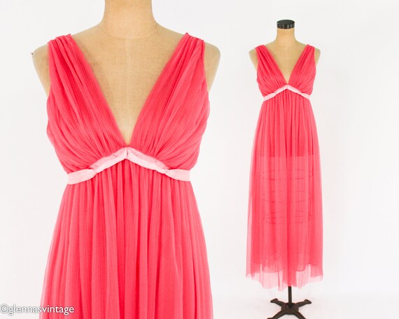 1950s Pink Pleated Nightgown | 50s Coral Pink Nig… - image 1