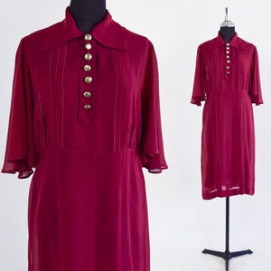 1930s Burgundy Red Silk Dress | 30s Cranberry Silk Chiffon Dress | Medium