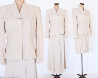 1980s Beige & White Stripe Suit Skirt Set | 80s Three Piece Silk Suit Set | Zelda | Medium