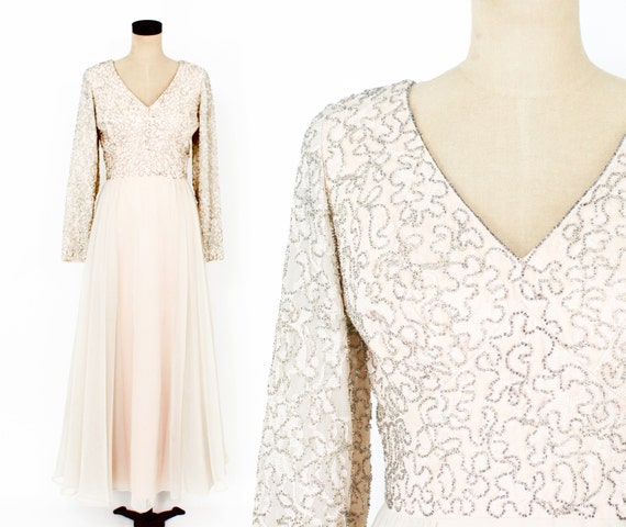 1960s Beige Beaded Evening Dress | 60s Beige Chif… - image 2