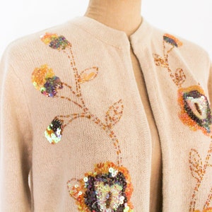 1980s Beige Sweater Knit Cardigan 80s Beige & Gold Sequin Sweater Coat Victor Costa Occasion Large image 8