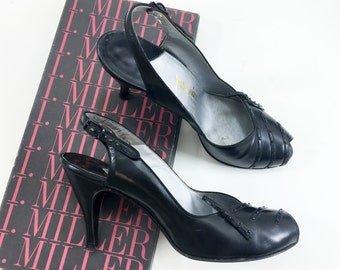 1950s  Black Leather Heels | 50s Peep-toe Slingback Heels | I. Miller | US 8.5 EU 39 UK 6.5