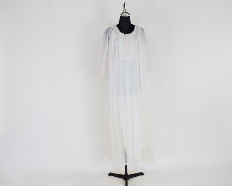 1950s White Long Peignoir Set 50s White Sheer Nylon Peignoir Miss Elaine Medium image 7