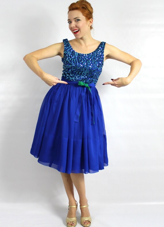 1950s Royal Blue Party Dress | 50s Blue Chiffon &… - image 2