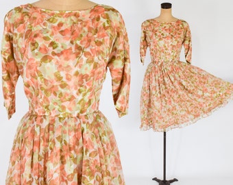 1950s Orange Floral Chiffon Dress | 50s Orange Chiffon Party Dress | Medium