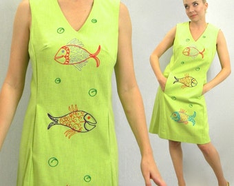1960s Lime Green Cotton Dress | 60s Green Fish Embroidered Sleeveless Dress | E.G. of California |  Medium