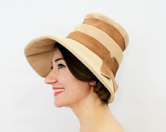 Lily Dache | 1960s Tan & Creme Striped Hat | 60s Beige High Crown Hat | Lily Dache | Dachettes