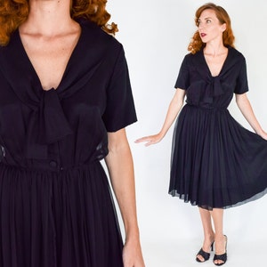 1950s Black Chiffon Dress 50s Black Chiffon Party Dress Sophisticated Miss Medium image 1