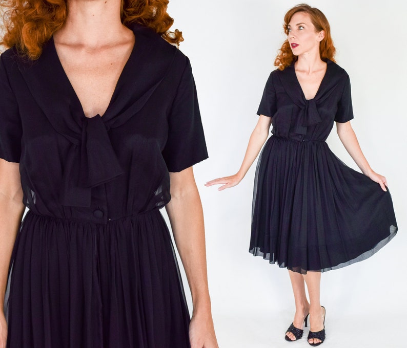 1950s Black Chiffon Dress 50s Black Chiffon Party Dress Sophisticated Miss Medium image 1