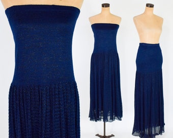 1980s Navy Knit Strapless Maxi Dress | 80s Navy Crochet Knit Maxi Skirt | Navy Knit Long Dress | Maria Rodriguez | Medium