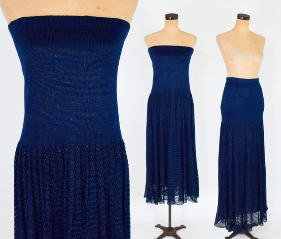 1980s Navy Knit Strapless Maxi Dress | 80s Navy C… - image 1