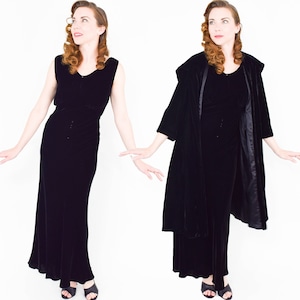 1940s Black Silk Velvet Gown & Coat 40s Black Silk Velvet Bias Cut Dress Coat Set Old Hollywood California Small image 1