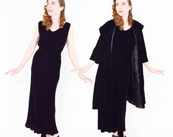 1940s Black Silk Velvet Gown & Coat | 40s Black Silk Velvet Bias Cut Dress Coat Set | Old Hollywood | California | Small