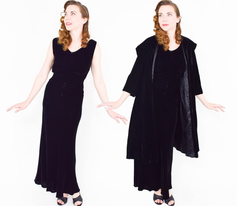 1940s Black Silk Velvet Gown & Coat 40s Black Silk Velvet Bias Cut Dress Coat Set Old Hollywood California Small image 1