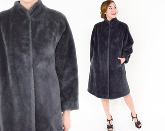 1960s Gray Faux Fur Coat | 60s Blue Gray Faux Fur Coat | Borgana | Large