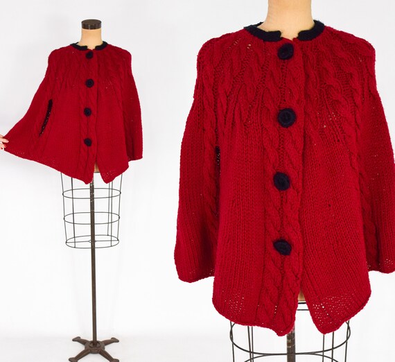 1970s Cranberry Sweater Knit Cape | 70s Red Knit S