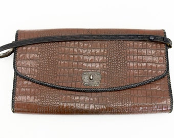 1940er Jahre Alligator Geprägte Lederhandtasche | Vintage Faux Alligator Kupplung | Schliesse aus reinem Silber 925