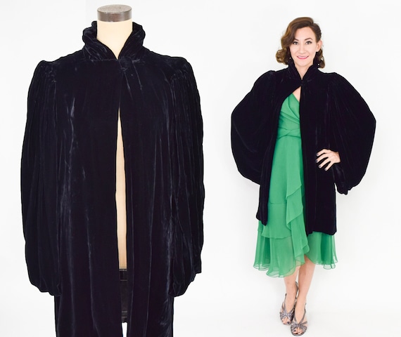 1930s Black Silk Velvet Coat | 30s Black Velvet E… - image 1