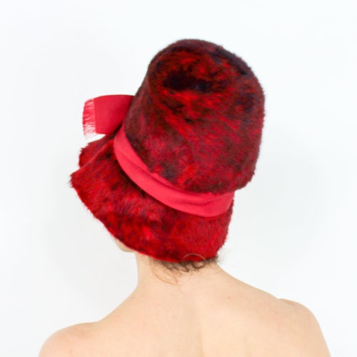 1960s Red Mohair Hat | 60s Cranberry Mohair buying Bucket Hat | Mr. John Jr