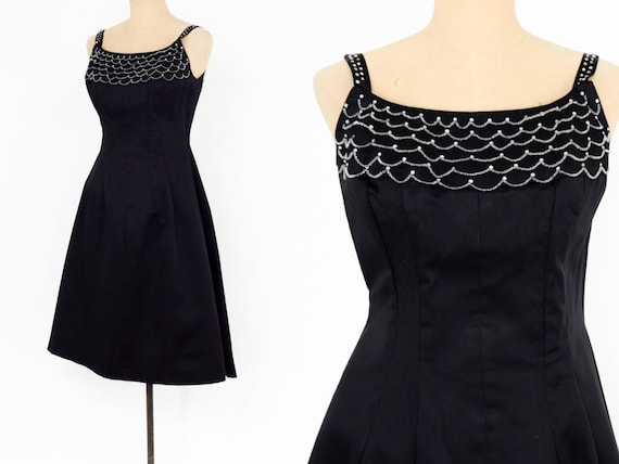1950s Black Satin Cocktail Dress | 50s Black Bead… - image 1