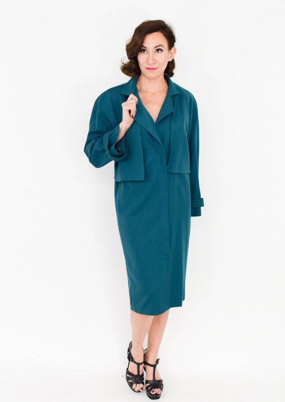 1980s Blue Wool Gabardine Dress | 80s Aqua Wool G… - image 3