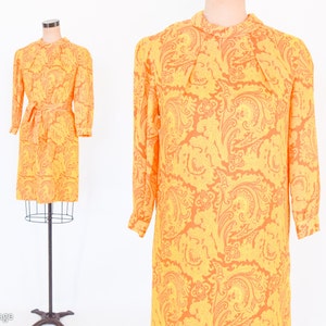 1960s Orange Yellow Print Dress 60s Yellow & Orange Nylon Print Shift Twiggy Medium image 1