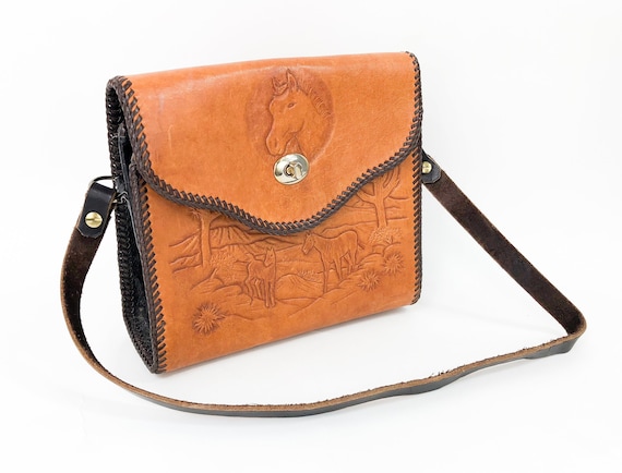 1960s Brown Tooled Leather Purse | 40s Brown Toole