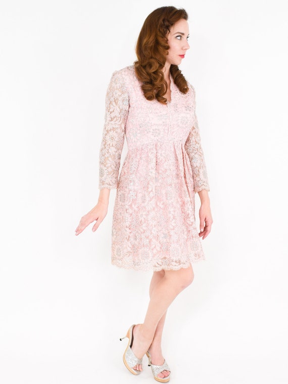 1960s Pink Lace Mini Dress | 60s Pink Metallic La… - image 7