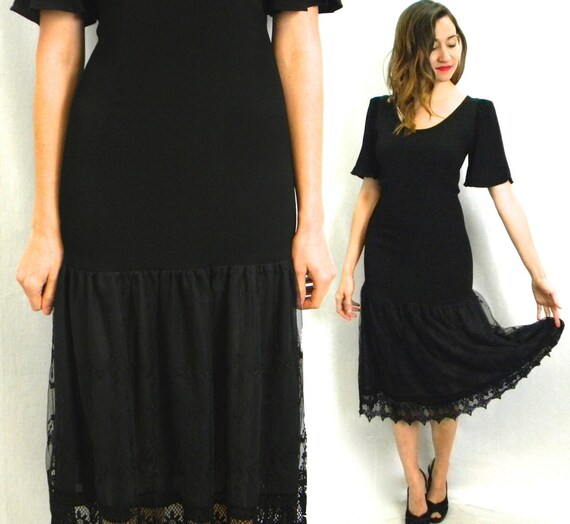 1980s Black Lace Dress | 1920-like Drop Waist Lac… - image 1