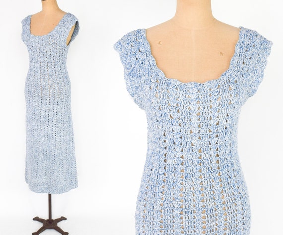 1970s Blue Crochet Maxi Dress | 70s Blue Cotton Kn