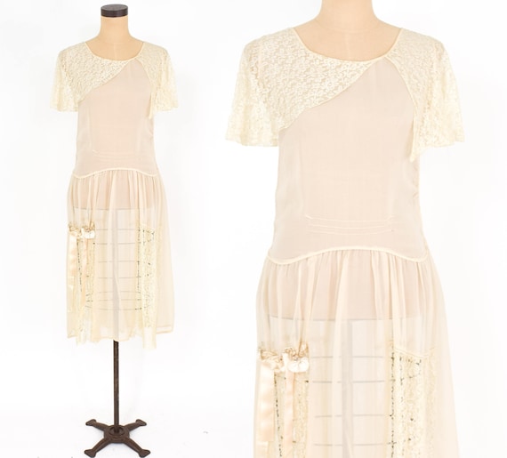 1920s Ivory Silk Chiffon Dress | 20s Ivory Chiffon