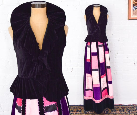 1970s Pink & Black Patchwork Maxi Skirt | 70s Quil