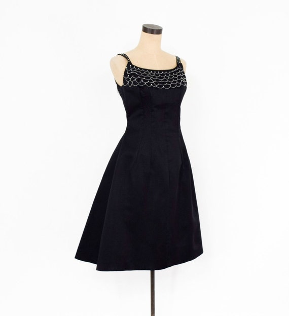 1950s Black Satin Cocktail Dress | 50s Black Bead… - image 3