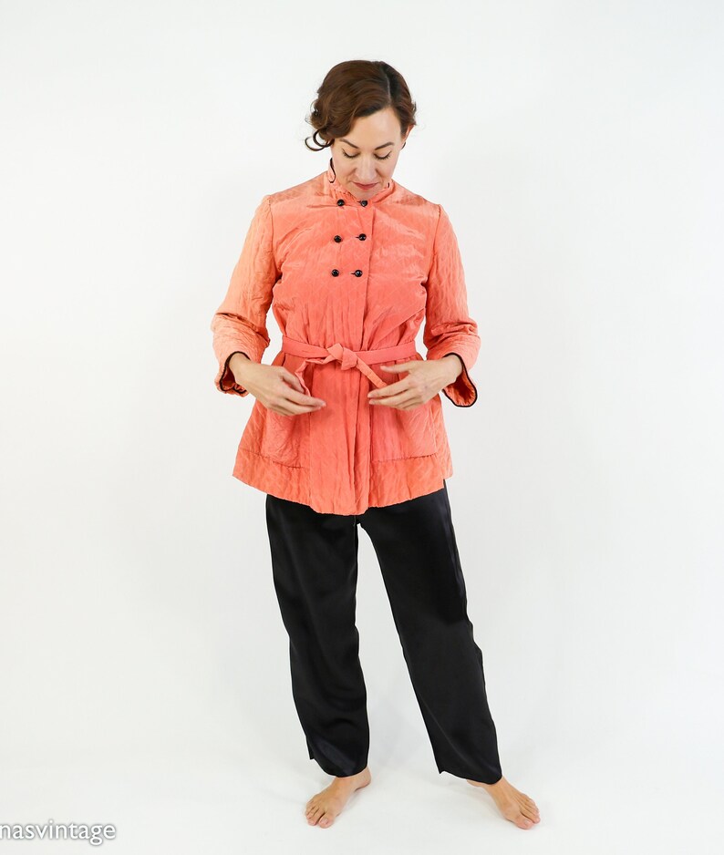 1940s Coral Quilted Pajamas Set 40s Peach Quilted Robe & Slacks Old Hollywood Medium image 6