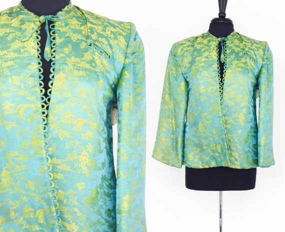 1940s Green Silk Brocade Jacket |  40s Gold & Tur… - image 1