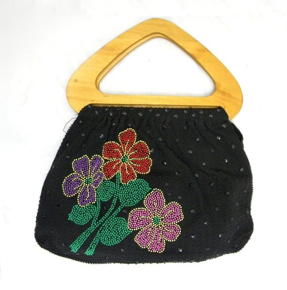 1970s Black Beaded Purse | 70s Black Floral Handb… - image 2