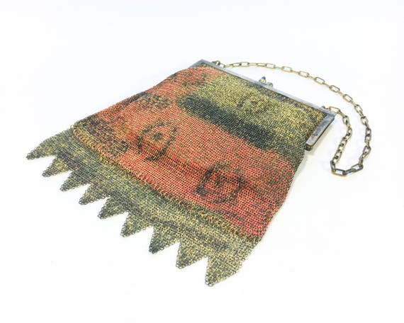 1900s Enamel Painted Dresden Mesh Handbag | Vintage Mesh Purse