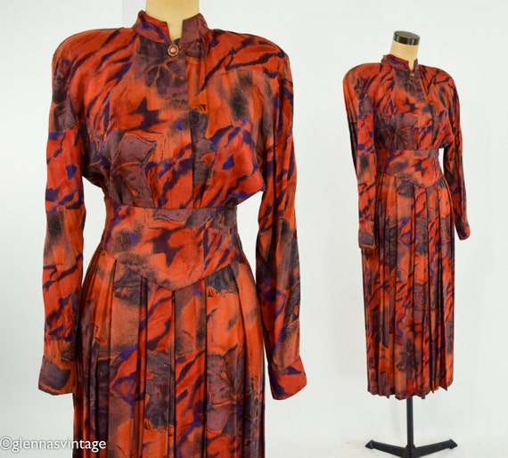 1980s Orange Fall Colors Skirt & Top Set | 80s Br… - image 1