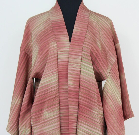 Pink Silk Haori | Beige & Dark Pink Stripe Haori … - image 8