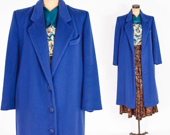 1980s Geoffrey Beene Wool Coat | Vintage Cobalt Blue Overcoat, XL