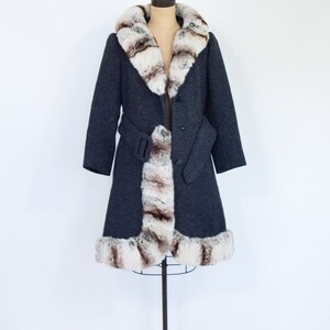 Lilli Ann 1960s Gray Wool Coat 60s Charcoal Wool Mod Coat Fur Collar Trench Coat Lilli Ann Medium image 3
