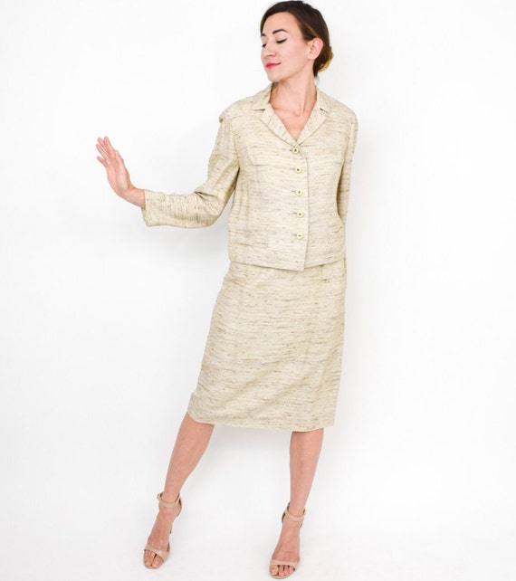 1960s Beige Silk Suit | 60s Beige Raw Silk Skirt … - image 5