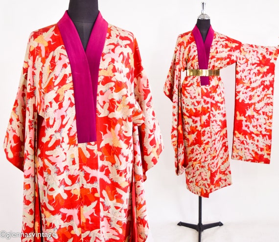 1940s Vintage Red Silk Kimono | 40s White Cranes … - image 3