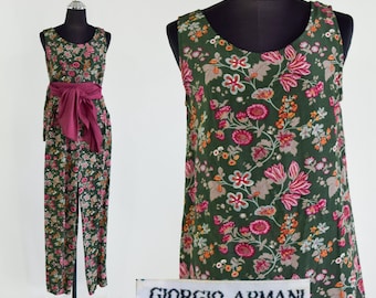 Conjunto de pantalón y top verde floral de Giorgio Armani de los años 90 / Conjunto vintage de pantalón y top verde floral, talla pequeña