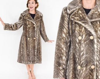 1960s Brown Faux Fur Coat | 60s Beige Faux Fur Winter Coat | Medium