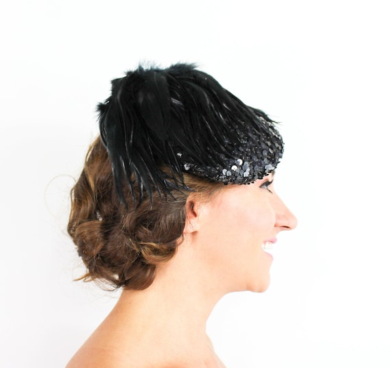 1950s Black Sequin Hat | 50s Black Feather & Sequi