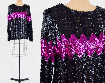 1980s Black Sequin Evening Sweater | 80s Black & Hot Pink Zig Zag Sweater | Medium