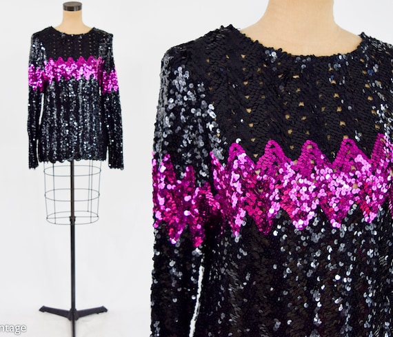 1980s Black Sequin Evening Sweater | 80s Black & … - image 1