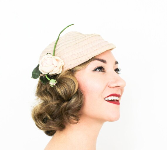 1950s Pale Pink Woven Tilt Hat | 50s Pink Flower L