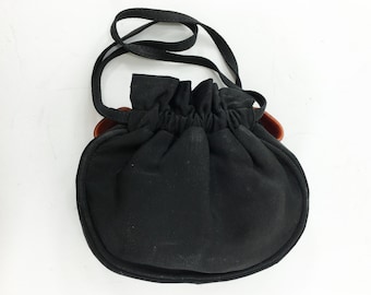 1940s Black Faille Handbag | 40s Black Drawstring Evening Bag